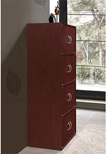 Pemberly Row 4 Shelf 8 Door Bookcase, 54.3 in H x 23.4 in W x 15.5 in D, Mahogany Finish, Slim Vertical Design, Wood Construction, Multipurpose Storage for Office, Bedroom, Closet or Entryway