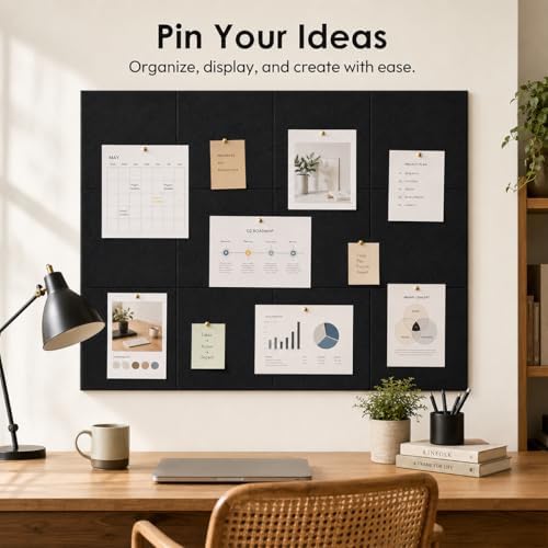 SIOLOC Felt Bulletin Board Tiles, 12 Pack Black Cork Board Alternative for Walls, Large Felt Wall Tiles, 48 x 36 in Oversized Wall Organizer for Home Office Classroom Dorm