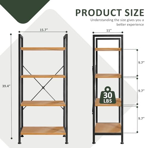 4 Tier Bookshelf, Free Standing Bookcase with Open Storage Shelves