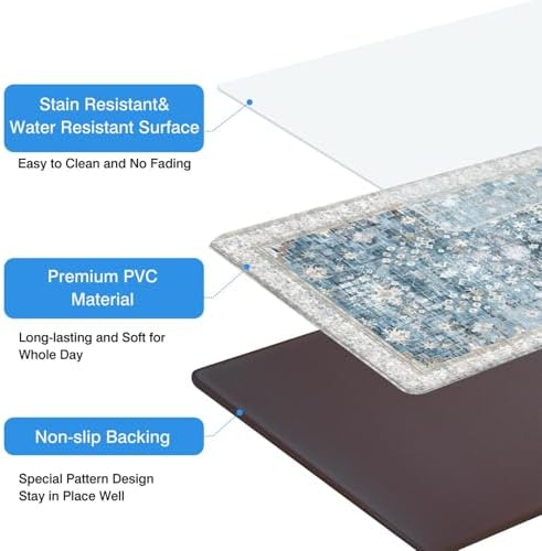 Boho Cushioned Anti Fatigue Mats for Kitchen Floor,Modern Farmhouse Blue Floral Non-Slip Water Resistant Runner Comfort Foam Standing Rugs Non Skid for Home Sink,Office,Laundry 17"x47"+17"x30"