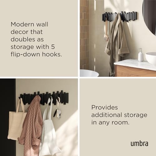 Umbra Sticks Wall Coat Rack, Wall Mount 8 Retractable Hooks, Black