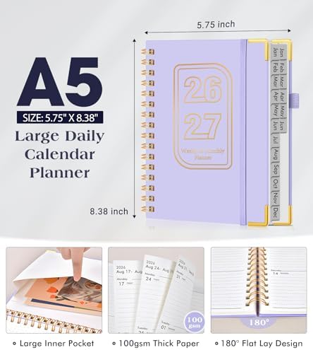 Academic Planner 2026-2027, Weekly and Monthly Hardcover Planner, July 2026 - June 2027, 5.75" x 8.38" A5 Large Daily Calendar Planner Book with Tabs, Spiral Yearly Agenda Organizer Notebook for School Work Home, Purple