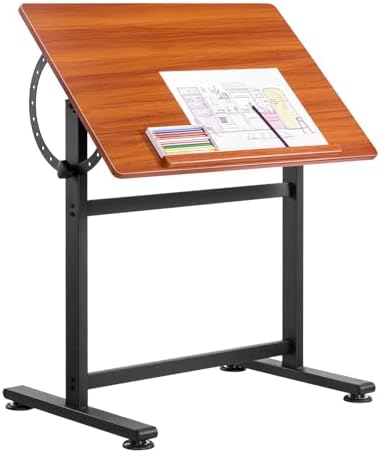 VEVOR Drafting Table, Adjustable 0°–90° Tilt Drawing Desk, Portable Artist Table with Black H-Frame and Brown Desktop, Wooden Painting Desk Craft Workstation for Reading, Writing, Crafting, Meeting
