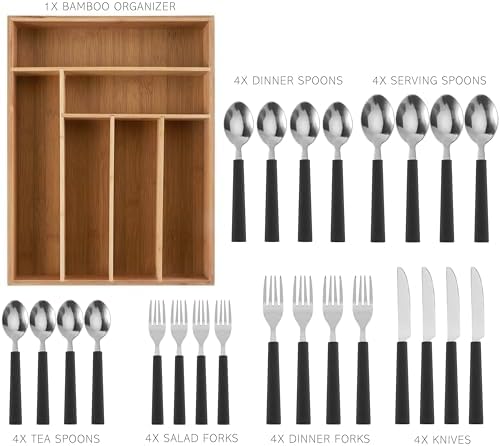 COOK WITH COLOR Bamboo Kitchen Utensil Set with Drawer Organizer | Cooking Tools and Storage Caddy, Black, 25 Piece Cutlery Set