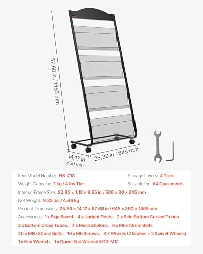 VEVOR Brochure Display Rack, 4-Tier Magazine Literature Display Stand with Wheels, Movable Floor Standing Magazine Rack, Heavy Duty Newspaper Catalog Holders for Shop Exhibitions Office Craft Fairs