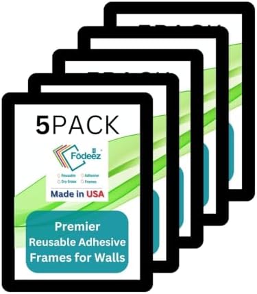 8.5 x 11 Adhesive Wall Frames - Peel & Stick Picture Frames, Wall Sign Holder, Paper & Letter Protector Sheets, Reusable, Dry Erase, Non Magnetic & Non Acrylic - Black, Pack of 5