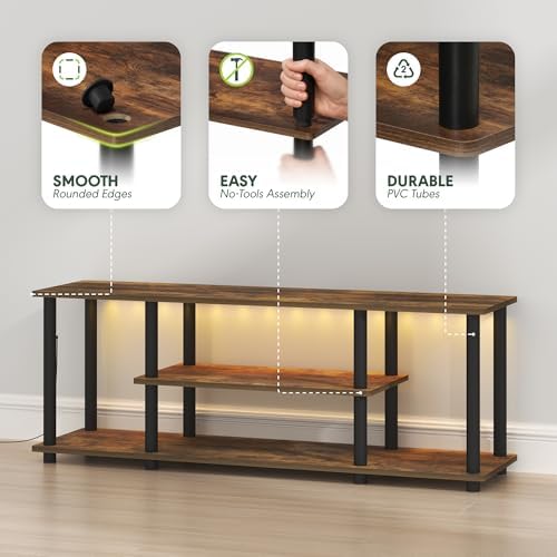 Furinno Turn-N-Tube 3-Tier No Tools TV Stand with LED Lights, Amber Pine | for TV up to 50 Inch, Open Frame Entertainment Center, TV Console for Living Room, Bedroom