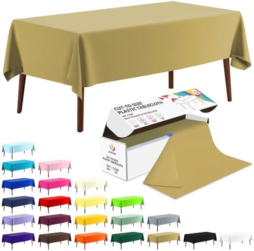 CXPSINC 54 Inch X 100 Feet Plastic Table Cover Roll Disposable Tablecloth with Slide Cutter for All Type/Shape Tables | Party, Banquet, Birthdays, Weddings(Gold, 100 Feet)