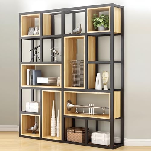 Wood Industrial Cube Bookcase with Shelves & Open Back Iron Bookshelf Floor Steel & Wood Shelf Multi-Layer Shelf Storage Rack Office Partition Display Rack Natural 63" L x 9.8" W x 78.7" H