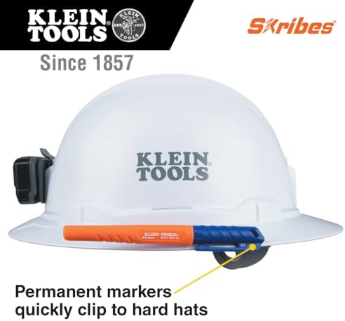 KLEIN TOOLS 861914 Skribes Fine Tip Permanent Markers, Assorted Colors, Hard Hat Clip, Multi-Surface Jobsite Marker for Wet, Dry and Oily Surfaces, 4-Pack