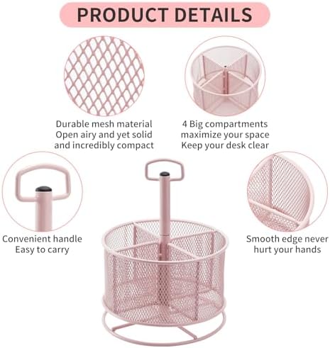 Marbrasse Mesh Desk Organizer, 360-Degree Rotating Multi-Functional Pen Holder, 4 Compartments Desktop Stationary Organizer, Home Office Art Supply Storage Box Caddy (Pink)