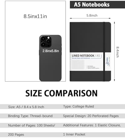 Dynta Hardcover Journal Notebooks, 10 Packs A5 Lined Journals Bulk for Writing 200 Pages/100Sheets, 8.4 x 5.8 inch, Classic Ruled Notebook for Work/Travel/College/Note Taking(Black)