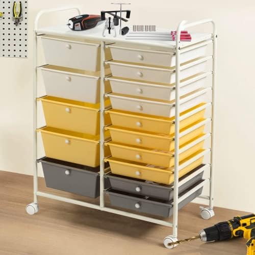 COSTWAY 15 Drawer Rolling Storage Cart, Mobile Utility Cart with Lockable Wheels, Drawers, Multipurpose Organizer Cart for Home, Office, School, Yellow