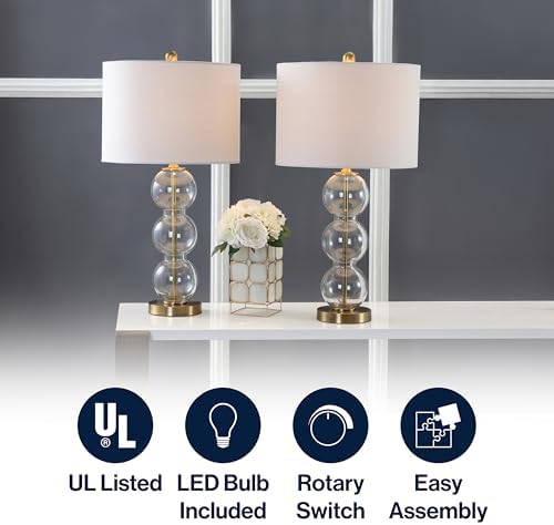 JONATHAN Y Bella 27" Glass Table Lamp, Clear/Brass, Set of 2
