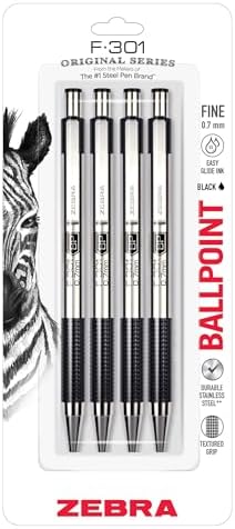 Zebra Pen STEEL F-301 Retractable Ballpoint Pen, Black Ink, 0.7mm, 4-Pack
