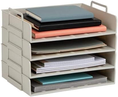 Mind Reader Stackable Paper Tray, Desktop Organizer, File Storage, Office, Plastic, 13.75" L x 10" W x 10.75" H, 4 Pcs., Beige