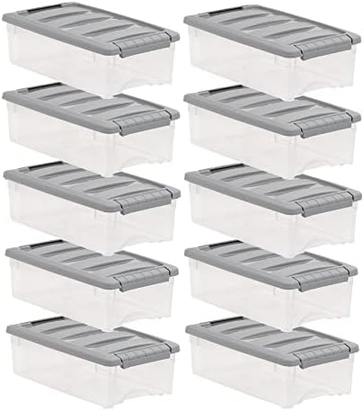 Amazon Basics Plastic Storage Containers with Secure Latching Lids, Stackable Organization Bins, Clear/Grey, 5 Quart, Set of 10