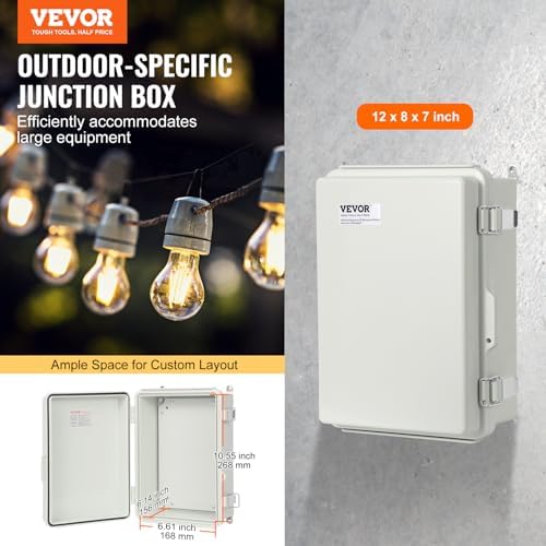 VEVOR Weather-Resistant Junction Box, Dimensions: 11.81 x 7.87 x 7.08 inches, Crafted from Durable ABS Plastic with a Secure Hinged Lid and Stainless Steel Lock, IP67 Rated for Superior Dust and Wa