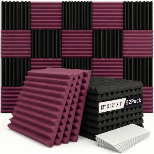 52 Pack Black/burgundy12 "X 12 "X1" Acoustic Panels Studio Soundproofing Foam Wedge Tiles(Accompanied By Double-Sided Adhesive Tape)