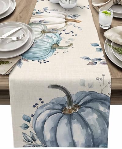 Fall Pumpkin Table Runner Dresser Scarf 18 x 72 Inch White Blue Leaves Rustic Table Runners Non-Slip Heat Resistant Kitchen Dining Table Decor for Autumn Thanksgiving Holidays Indoor Outdoor