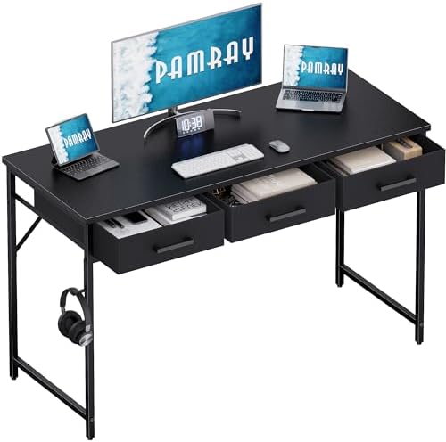 Pamray 47 Inch Small Computer Desk with 3 Drawers for Bedroom Study Writing Home Office Table for Small Spaces Black