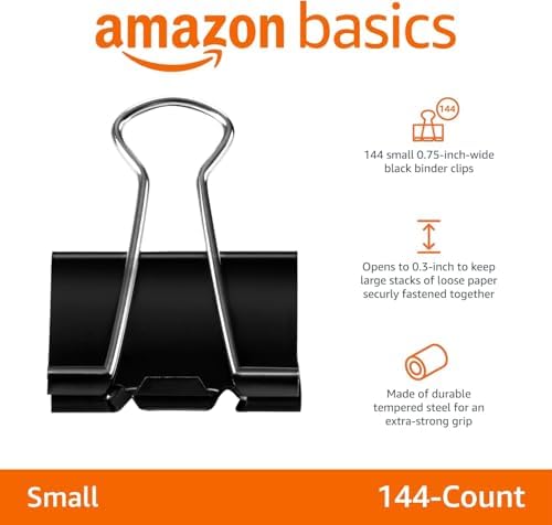 Amazon Basics Sturdy Binder Clips, Office Supplies, Small 0.75 in, Document Organizing, School Supplies, Black, 144 Count (Pack of 12)
