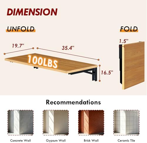 Need 36x20IN Wall Mounted Folding Table for Office Laundry Teak