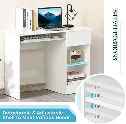 COSTWAY Computer Desk with Keyboard Tray, Large Drawer, Home Office Desk with Adjustable Shelf & Cable Hole, Study Desk, Modern Writing Workstation, PC Laptop Table (White)