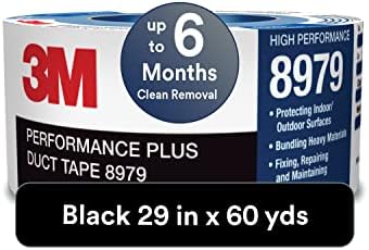 3M Performance Plus 8979 Duct Tape Heavy Duty, Black, 29 in x 60 yds, 12.1 mil, 6 Month Clean Removal, Resists UV and Weather for up to 12 Months, Tears Cleanly, Curl-Resistant, 1 Roll