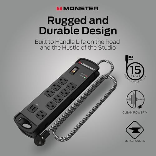 Monster Pro MI Professional Surge Protector Power Strip with Fireproof MOV Technology for Computers, Amplifiers, Pedal Boards, and Pro Audio Gear