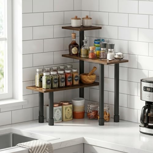 Furinno Turn-N-Tube Kitchen Countertop Organizer, 3-Tier Corner Countertop Organizer Shelf, Corner Shelf, for Kitchen, Pantry, Organizers and Storage, Amber Pine