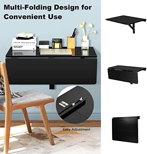 COSTWAY Wall Mounted Folding Table, 31.5" x 23.5" Drop-Leaf Floating Writing Desk for Small Spaces, Space-Saving Fold Down Laptop Workstation for Kitchen, Bedroom, Laundry Room, Study Room (Black)