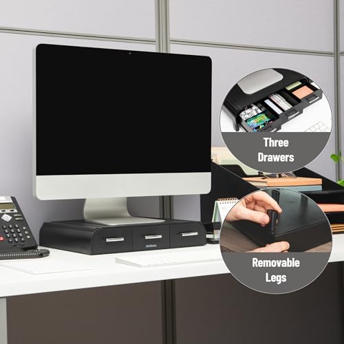 Mind Reader Monitor Stand, Laptop Riser, Desktop Organizer, Storage Drawer, Office, Plastic, 13.5"L x 13"W x 4"H, Black