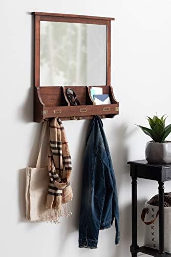 Kate and Laurel Stallard Decorative Wood Home Wall Organizer Mirror with Pockets and Key Hooks, Walnut Brown