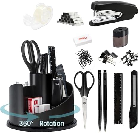 deli Office Supplies Set, Desk Accessory Organizer Kit, Black