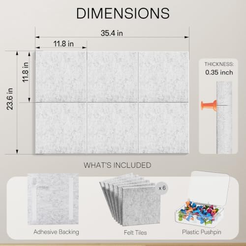 MaxGear Felt Bulletin Board 36" x 24", Light Gray Felt Wall Tiles Push Pins