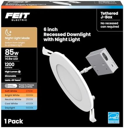 Feit Electric 6in LED Canless Recessed Downlight, 85W Eq, Slim, Night Light