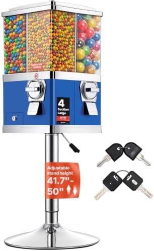 VEVOR Commercial Vending Machine, Four Compartment Rotatable Gumball and Candy Dispenser, Adjustable Height Coin Operated Candy Bank with Iron Stand, for Business Toy Capsules Bouncy Balls Nut, Blue