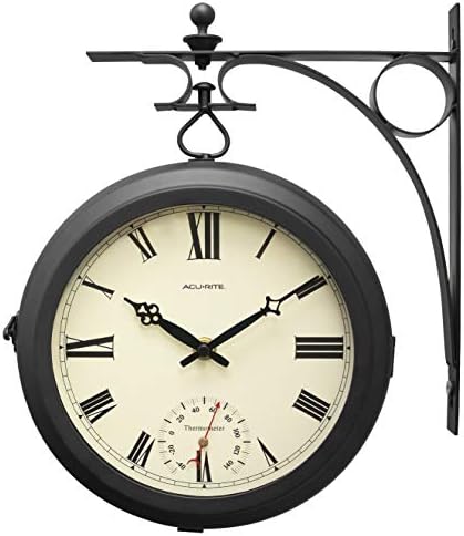 AcuRite 9-Inch Indoor/Outdoor Double-Sided Hanging Clock with 360-Degree Spin Functionality, Iron Metal Frame, Glass Lens, Quartz Crystal Movement, Weatherproof and Premium Thermometer (75140M),Black