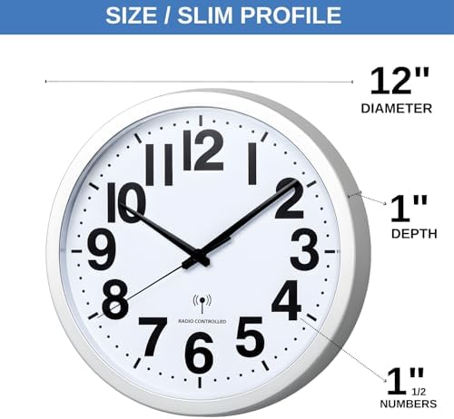 Wall Clock – 12" Atomic Analog Wall Clock with Large Numbers | Battery Operated, Radio Controlled with Automatic Daylight Saving Time | Silver Trim