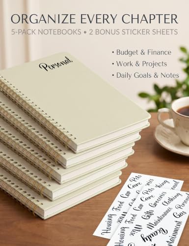 5 Pack Hardcover Spiral Notebooks, 8.3" x 6.3" Lined Journal Set, 100 GSM Bleed-Resistant Paper, 200 Pages Twin-Wire Bound Notebook with Elastic Band & Category Stickers for Office, School