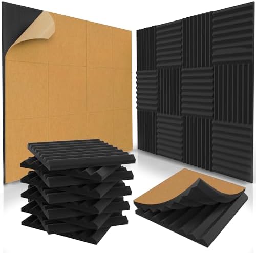 12 Pack Self-Adhesive Acoustic Panels 1 X 12 X 12 Inches - Acoustic Foam - Studio Foam Wedges - High Density Panels - Soundproof Wedges - Charcoal