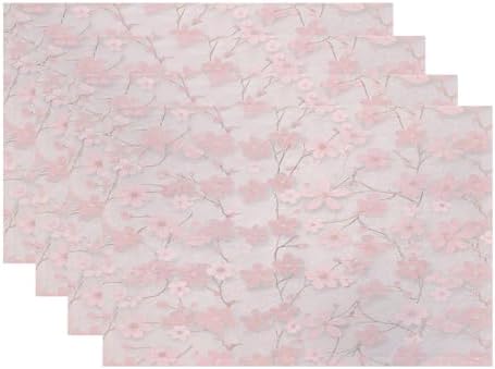 Batmerry Seamless Pink Cherry Blossoms Linen Placemats Set of 4, Vintage Floral On Light Pink Washable Table Mats for Kitchen Table Thickened Heat Insulation Dining Set Indoor Outdoor 12X18 in