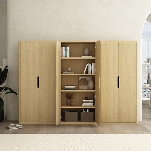 Manhattan Comfort Rivington Bookshelf 79 in Tall 5-Tier Bookcase, Modern Soft Close Storage Cabinet, Handle-Free, Round Corner Design for Living Room, Bedroom, or Home Office, Set of 3 in Natural Oak