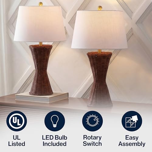 JONATHAN Y Laura Table Lamp 27" Rattan Hourglass, Dark Brown, Set of 2