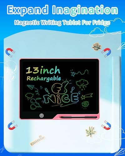 Magnetic LCD Writing Tablet for Fridge, 13 Inch Writing Tablet for Kids, Toddler Drawing Pad, Learning Toys for Boys Girls Ages 3.4.5.6.7.8, Writing Board for to-Do Lists and Family Messages (Pink)