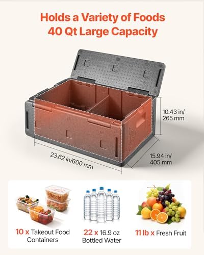VEVOR Collapsible Insulated Food Warmer, 40 Qt Non-Electrical Thermal Carrier, Lightweight and High-Rigidity EPP Hot Box, for Delivery, Transport, Catering BBQ Event, Keeps Warm/Cold 4 Hours (Gray)