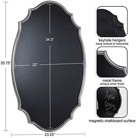 Kate and Laurel Leanna Decorative Scalloped Metal Chalkboard, 24 x 36, Silver, Framed Rounded Oval Vintage Chalkboard for Unique Display, Organization, and Decor
