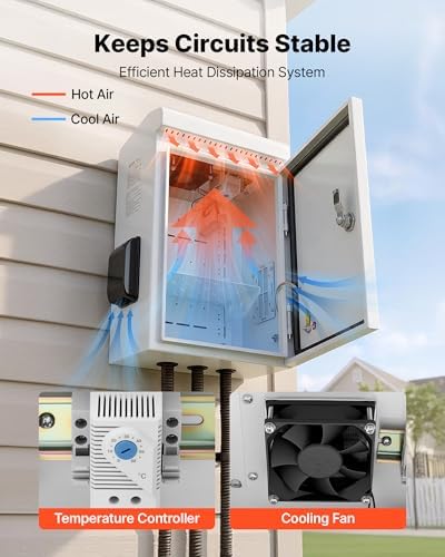 VEVOR Outdoor Electrical Box, Cold-Rolled Steel, Electrical Junction Box with Thermostat and Fan, Rain Hood, Ventilated Design, IP65 Waterproof Hinged Enclosure, Wall/Pole Mounted, 16 x 12 x 8 in