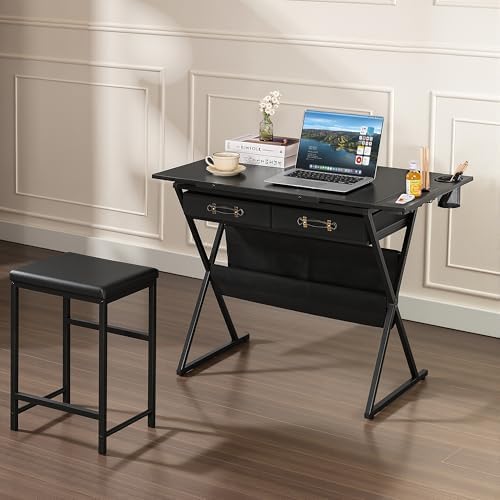 VECELO Drafting Table Art Desk Art Table Adjustable Drawing Table Tilted Tabletop with 2 Storage Drawers and Stool, Drawing Desk for Artist Painters Drawing, Crafting, Reading, Writing, Black